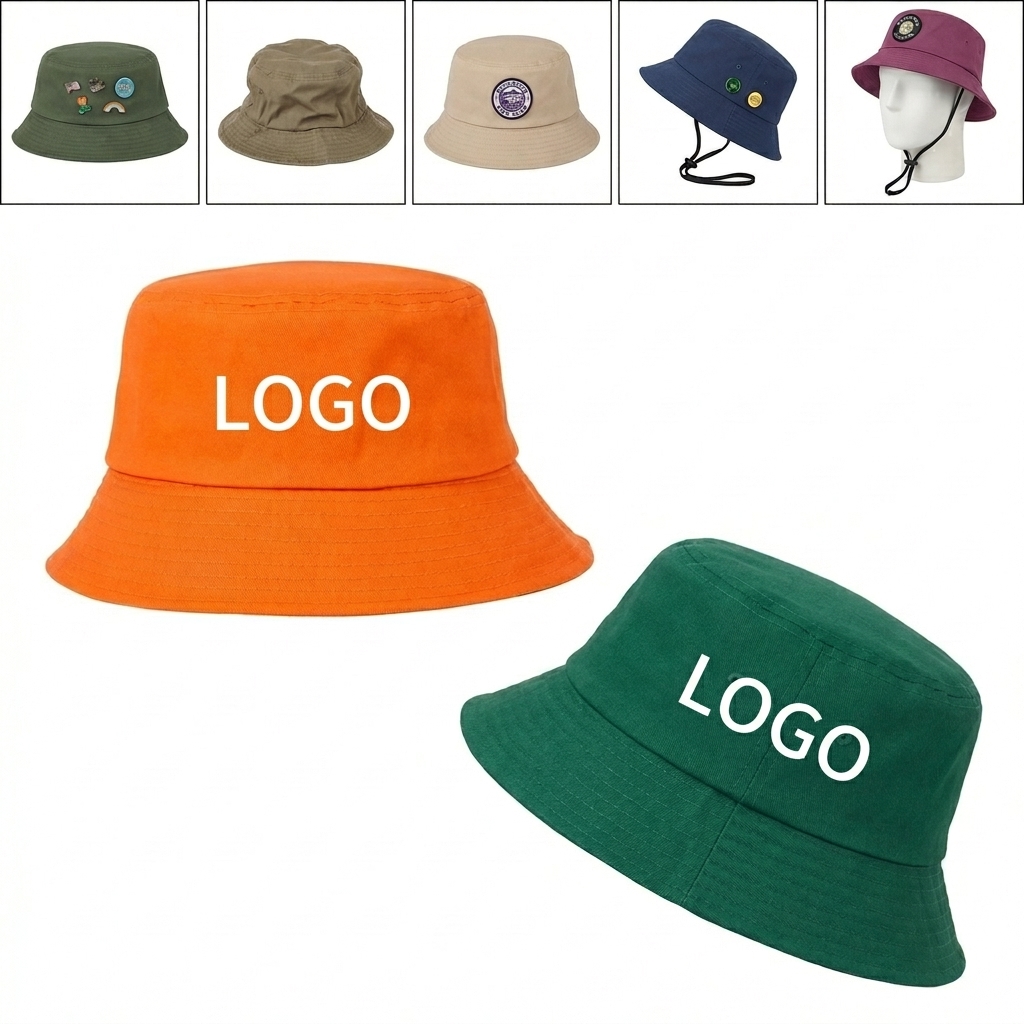 Foldable Cotton Bucket Hat with Detachable Badge & Drawstring