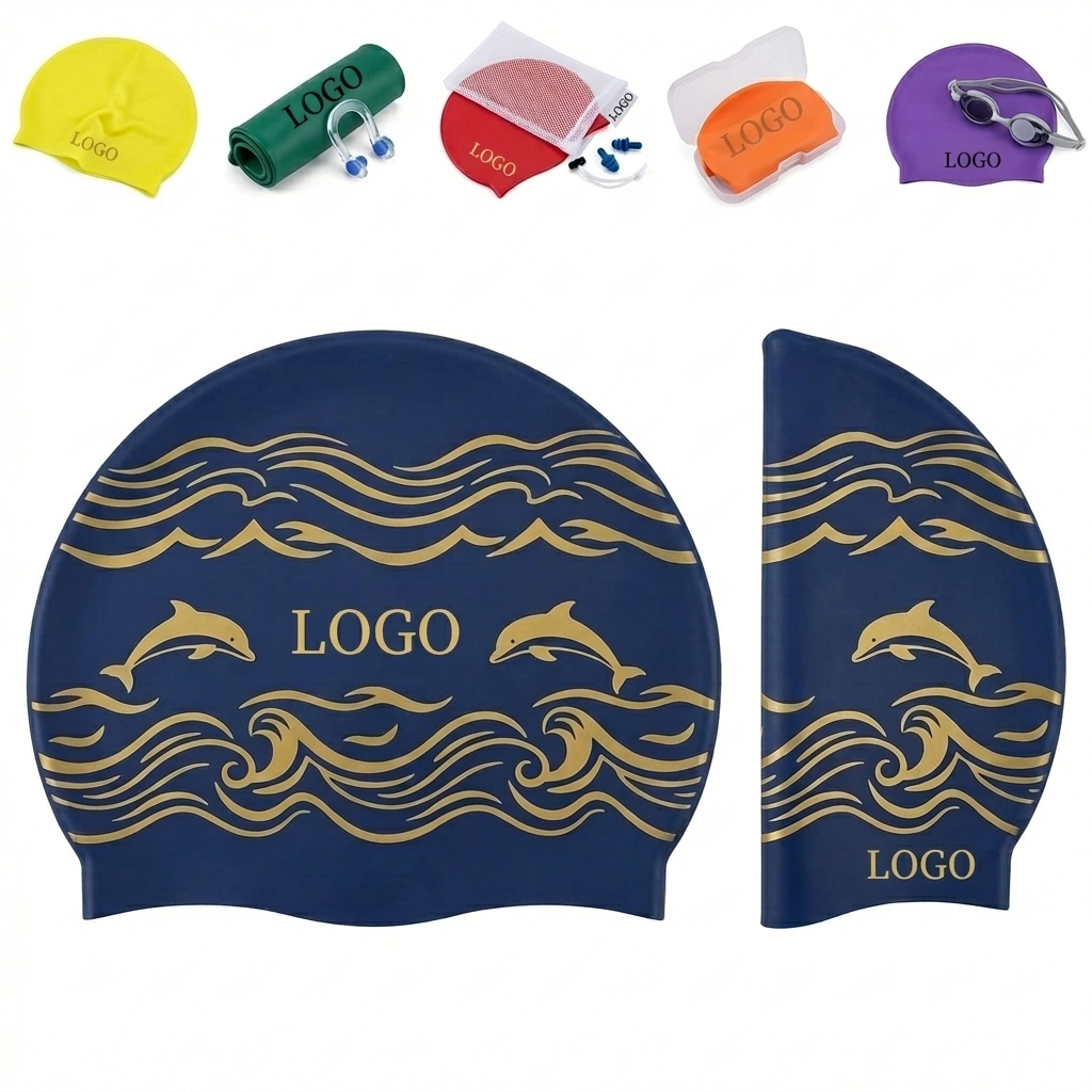 Navy Blue Silicone Swim Cap with Gold Dolphin & Wave Design
