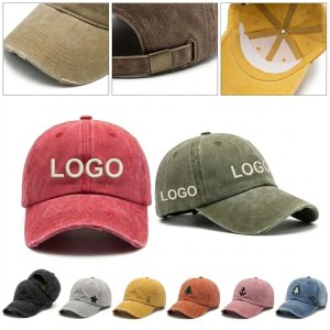 Embroidered Vintage Washed Cotton Adjustable Baseball Cap - 10 Colors